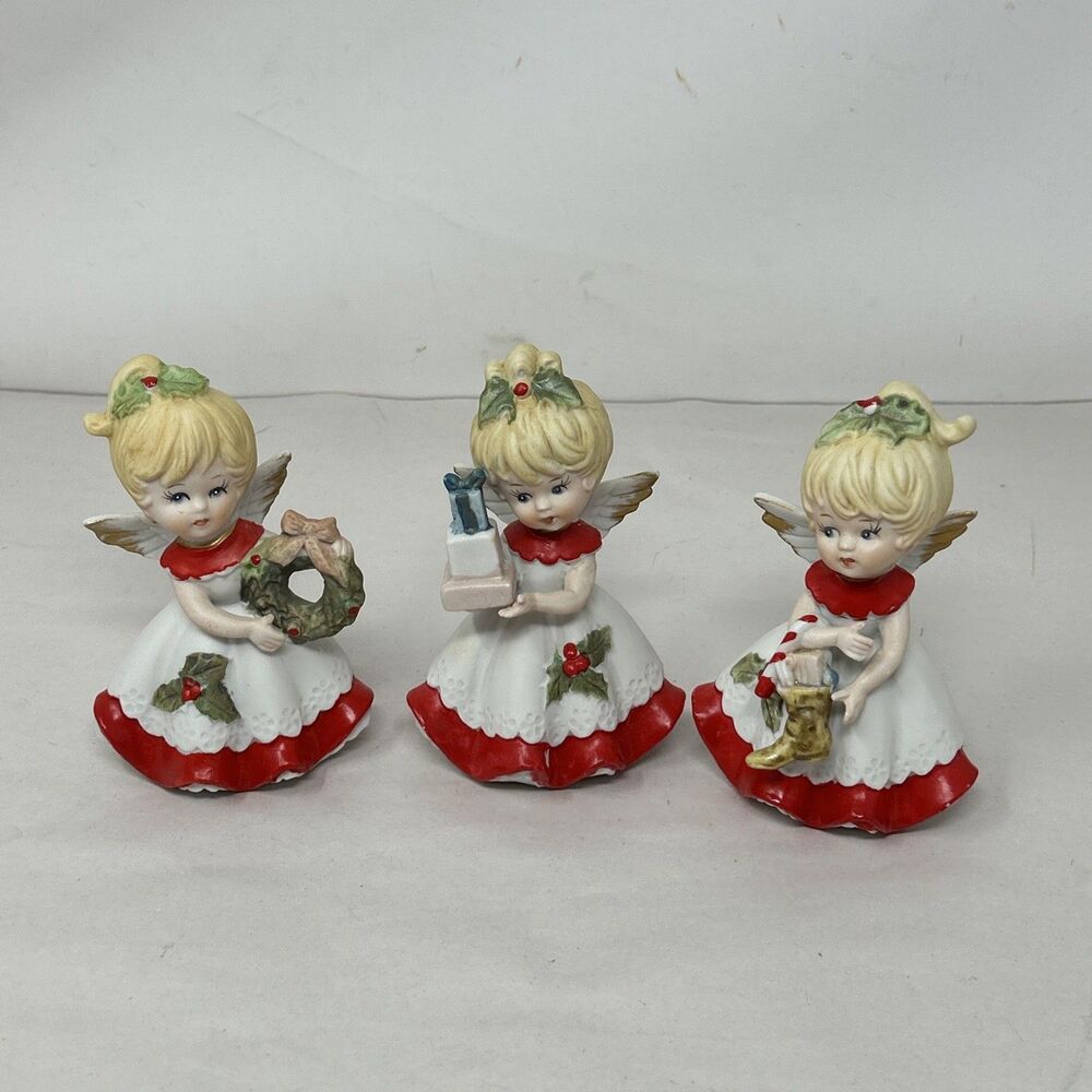 Vintage HOMCO 5402 Christmas Angel Figurines Set of 3 Stocking Gift Wreath